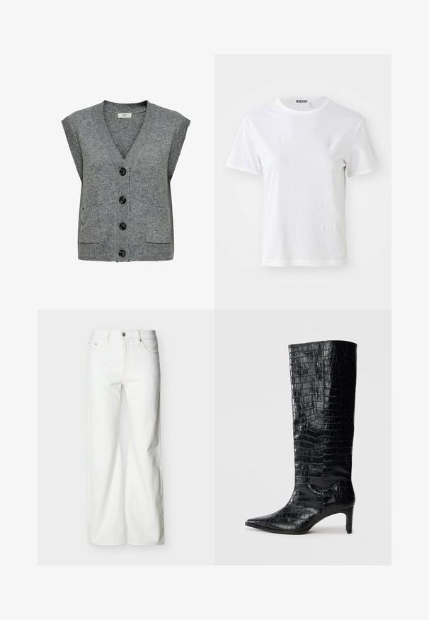 Chaleco de punto gris con escote en V, mangas cortas y cinco botones negros. Presenta dos bolsillos frontales y textura acanalada en los bordes.; Camiseta blanca de manga corta hecha de una tela suave. Cuenta con un escote redondo y un corte recto, con una etiqueta en el cuello interior.; Vaqueros blancos de talle alto y pierna recta con botón frontal, cierre de cremallera y bolsillos laterales y traseros, sobre un fondo liso y claro.; Botas negras de media caña con textura brillante de patrón de cocodrilo, punta afilada y tacón cónico. Material sintético liso.