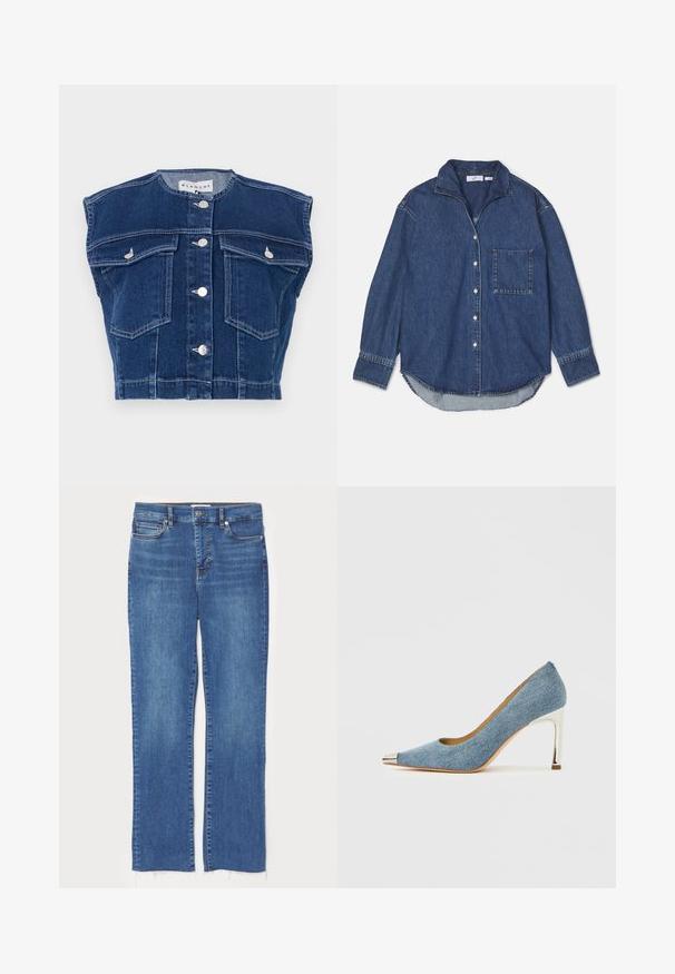 Mørkeblå denimvest med rund udskæring, ærmeløst design, fire frontlommer og sølvknapper foran.; Mørkeblå denimskjorte med krave, knaplukning, enkelt brystlomme og lange ærmer med en buet kant. Blød tekstur.; Blå denim jeans med lige snit, der har knap- og lynlåslukning, fem lommer og frynsede kanter forneden.; Denimspids tå-pumpe med en sølvfarvet metaltåhætte og en stilethæl. Har en glat overflade og en buet silhuet.