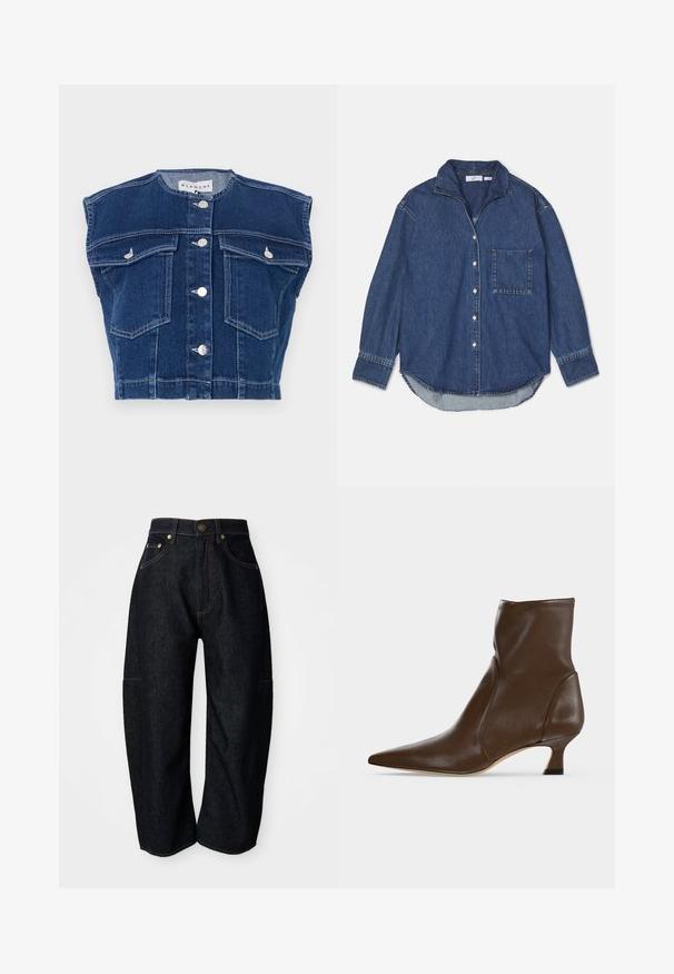 Donkerblauw denimvest met een ronde halslijn, mouwloos ontwerp, vier voorkruiszakken en zilveren knopen aan de voorkant.; Donkerblauwe denimshirt met een kraag, knoopsluitingen, één borstzak en lange mouwen met een afgeronde zoom. Zachte textuur.; Donkerdenim jeans met een relaxte pasvorm, voorzien van subtiele oranje stiksels, voorzakken en een platte tailleband met een knoopsluiting.; Bruine leren enkellaars met puntige neus en lage, gebogen hak op een lichte achtergrond.