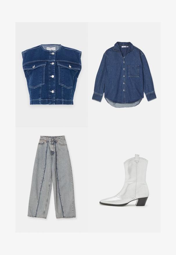 Mørkeblå denimvest med rund udskæring, ærmeløst design, fire frontlommer og sølvknapper foran.; Mørkeblå denimskjorte med krave, knaplukning, enkelt brystlomme og lange ærmer med en buet kant. Blød tekstur.; Lyseblå vide jeans med rå kanter, høj talje og kontrast sømme. Lavet af denim, der fremviser en afslappet pasform og minimal slid.; Castañer DIMBA - Cowboy- / bikerstøvlette - plata