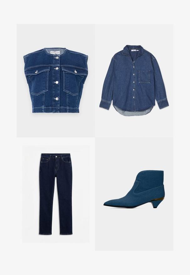 Donkerblauw denimvest met een ronde halslijn, mouwloos ontwerp, vier voorkruiszakken en zilveren knopen aan de voorkant.; Donkerblauwe denimshirt met een kraag, knoopsluitingen, één borstzak en lange mouwen met een afgeronde zoom. Zachte textuur.; Donkerblauwe slim-fit jeans met knopen aan de voorkant, rits, riemlussen en vijf zakken, plat gelegd op een witte achtergrond.; Blauwe enkellaars met een puntige neus, een lage kittenhiel met een gouden accent en een glad, naadloos ontwerp.