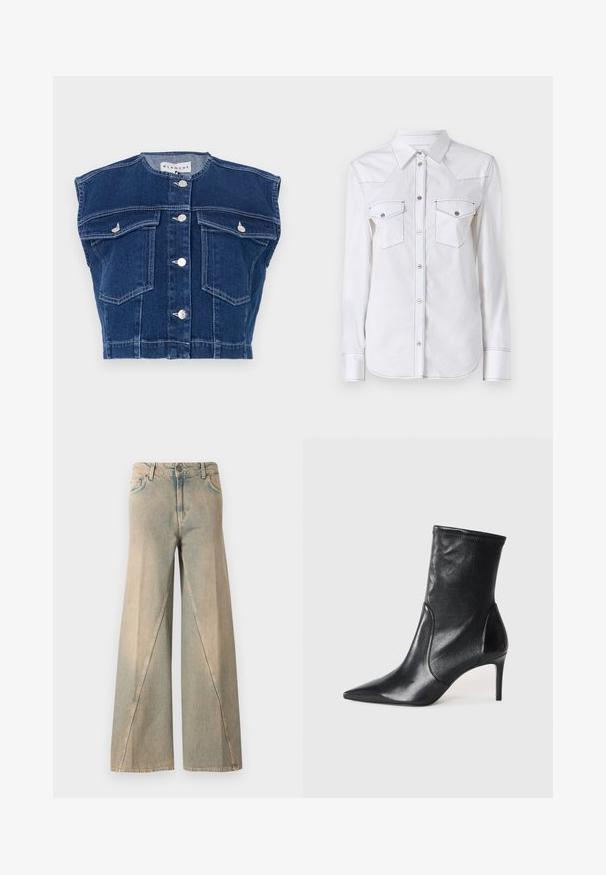 Chaleco de mezclilla azul marino con cuello redondo, diseño sin mangas, cuatro bolsillos delanteros y botones plateados en la parte delantera.; Camisa blanca de manga larga con cuello puntiagudo, dos bolsillos en el pecho, costuras contrastantes y dobladillo redondeado. Presenta botones metálicos.; Vaqueros de pierna ancha de color azul claro, hechos de mezclilla. Presentan una cintura alta, bolsillos delanteros y un patrón de costura distintivo a lo largo de las piernas.; Botas negras hasta el tobillo hechas de cuero suave, con punta afilada, caña ajustada y tacón alto delgado. Diseño minimalista sin herrajes visibles.
