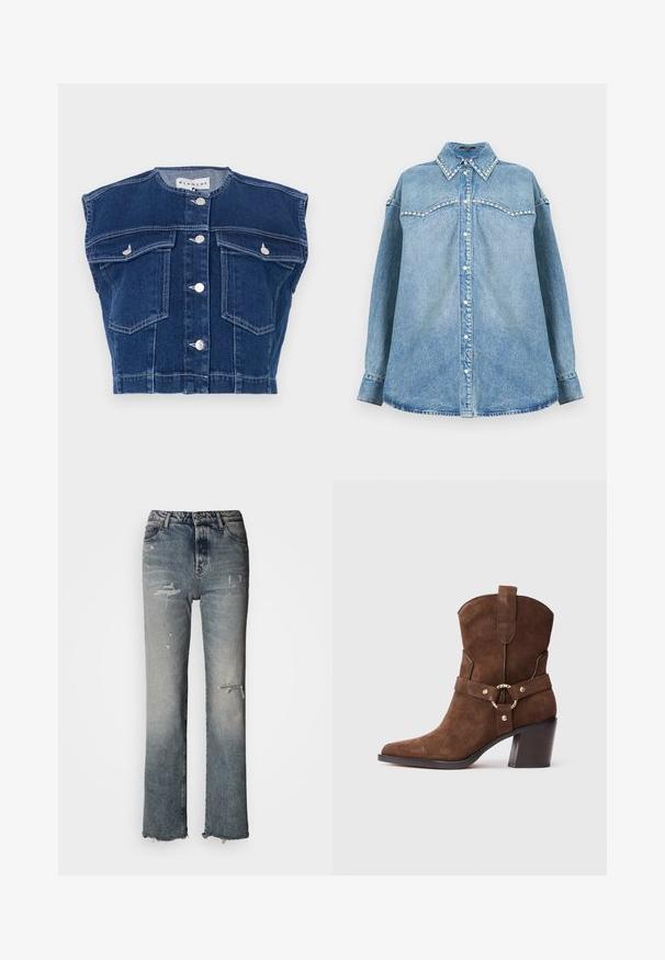 Mørkeblå denimvest med rund udskæring, ærmeløst design, fire frontlommer og sølvknapper foran.; Lyseblå denim skjorte med lange ærmer med perler prydet krave og bærestykke, knaplukning foran og lige kant på en hvid baggrund.; Bleget blå denim flared jeans med slid på knæene, rå kanter og høj talje. Stoffet har en tekstureret finish.; Brune ruskinds cowboy støvle med spids tå, guldfarvede hardware detaljer og en robust brun hæl. Har en dekorativ remdetalje.
