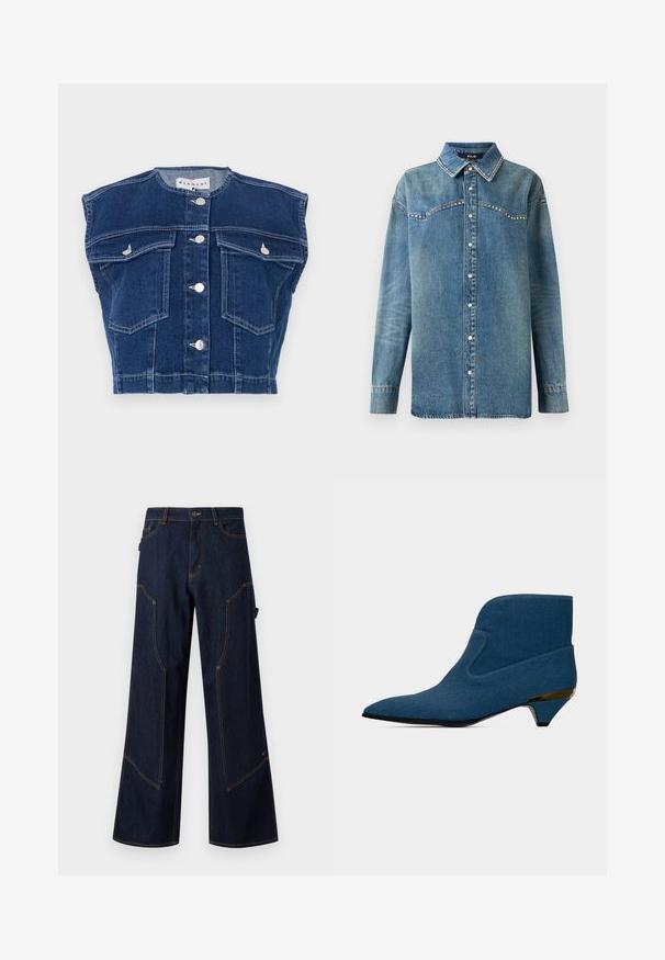 Chaleco de mezclilla azul marino con cuello redondo, diseño sin mangas, cuatro bolsillos delanteros y botones plateados en la parte delantera.; Camisa de mezclilla azul de manga larga con botones a presión, cuello puntiagudo y detalles de strass a lo largo del yugo y los bordes del cuello.; Pantalones de mezclilla oscuros de pierna ancha con costuras naranjas contrastantes, que cuentan con grandes bolsillos y cierre con botón en la cintura.; Botín azul con punta puntiaguda, tacón bajo de tipo kitten con detalle dorado y diseño liso y sin costuras.