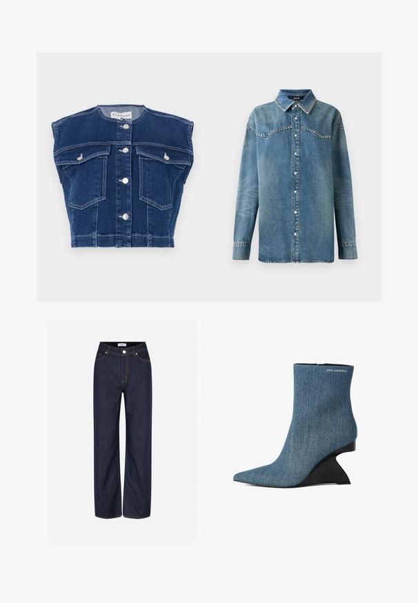 Chaleco de mezclilla azul marino con cuello redondo, diseño sin mangas, cuatro bolsillos delanteros y botones plateados en la parte delantera.; Camisa de mezclilla azul de manga larga con botones a presión, cuello puntiagudo y detalles de strass a lo largo del yugo y los bordes del cuello.; Jeans de pierna ancha color azul oscuro hechos de denim, con grandes bolsillos, costura naranja en contraste y un cierre de botón en la cintura.; Bota de denim azul hasta el tobillo con puntera puntiaguda, tacón cuña negro esculpido y logotipo "Karl Lagerfeld" cerca del borde superior.
