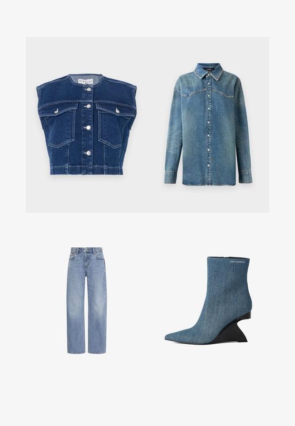 Mørkeblå denimvest med rund udskæring, ærmeløst design, fire frontlommer og sølvknapper foran.; Blå denim skjorte med lange ærmer, trykknapper, spids krave og rhinsten-detaljer langs bærestykke og kravekanter.; Lyseblå denimjeans med lige ben, frontlommer, bæltestropper og lukning med knap og lynlås.; Blå denim ankelstøvle med spids snude, skulptureret sort kilehæl og "Karl Lagerfeld"-logo nær den øverste kant.