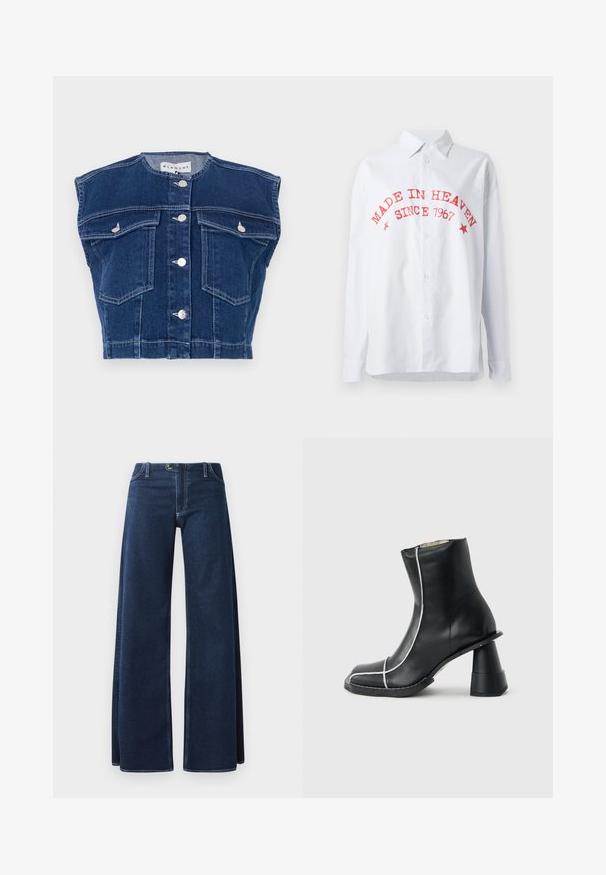 Mørkeblå denimvest med rund udskæring, ærmeløst design, fire frontlommer og sølvknapper foran.; Stribet button-up skjorte i blå og hvid, med rød tekst: "LAVET I HIMLEN SINCE 1967." Lange ærmer, afslappet pasform, blanding af bomuldsstof.; Bredde ben denim jeans i mørkeblå med synlige syninger, forlommer og knaplukning. Fremstillet af et solidt denimstof.; Sort læderankelstøvle med hvide syninger, firkantet snude og unik bredt udflaret hæl, vist i sidelayout på grå baggrund.
