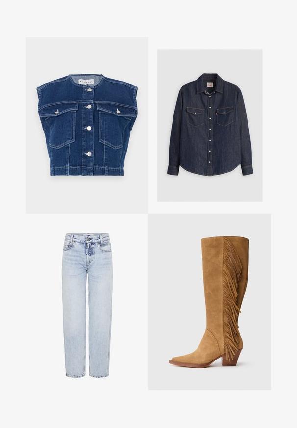 Mørkeblå denimvest med rund udskæring, ærmeløst design, fire frontlommer og sølvknapper foran.; Mørkeblå denimskjorte med lange ærmer, knaplukning fortil, to brystlommer med klapper og kontrasterende gule sømme.; Lysblå, højtaljede jeans lavet af denim; med lige ben, forlommer, en knaplukning og minimale falmningsmønstre.; Tan ruskinds knæhøje støvler med spids tå, der har lodrette frynser på siden og en stablet træhæl.