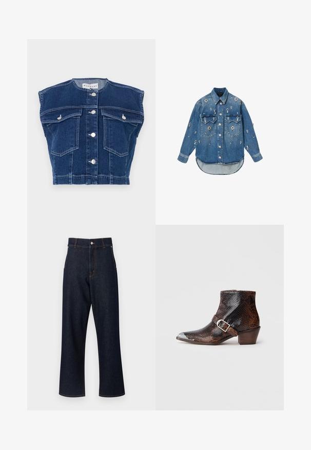 Chaleco de mezclilla azul marino con cuello redondo, diseño sin mangas, cuatro bolsillos delanteros y botones plateados en la parte delantera.; Camisa de mezclilla azul claro con mangas largas, dos bolsillos en el pecho y adornos florales. Dobladillo curvo, cierre de botones en la parte delantera y cuello puntiagudo.; Vaqueros de mezclilla azul oscuro con cintura alta, diseño de pierna recta, detalles de costura naranja y cierre de botón. No hay bolsillos frontales visibles.; Botas de tobillo con estampado de serpiente en negro y marrón, con punta de metal plateado, detalle de hebilla y un tacón de madera bajo. Textura suave, diseño ajustado.