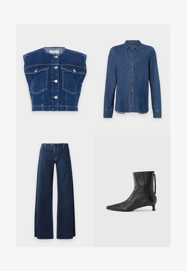 Chaleco de mezclilla azul marino con cuello redondo, diseño sin mangas, cuatro bolsillos delanteros y botones plateados en la parte delantera.; Camisa de denim azul oscuro con mangas largas, frente abotonado, cuello clásico y costuras visibles. Presenta un dobladillo recto con ligera curva en los lados.; Jeans de pierna ancha en azul oscuro con costuras visibles, bolsillos delanteros y cierre de botón. Hechos de una tela de denim resistente.; Botín de cuero negro con punta afilada, forma estructurada y tacón bajo. Cuenta con cremallera lateral y diseño minimalista.