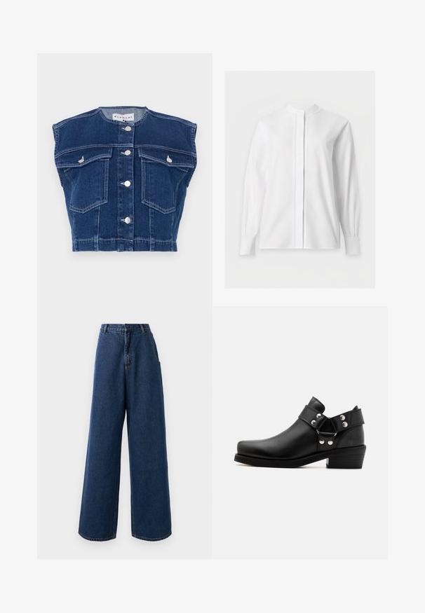 Chaleco de mezclilla azul marino con cuello redondo, diseño sin mangas, cuatro bolsillos delanteros y botones plateados en la parte delantera.; Blusa blanca de manga larga con cuello mandarín y tapeta de botones oculta, mostrada sobre un fondo blanco liso.; Jeans de tiro alto y pierna ancha en denim azul oscuro con cierre frontal de botón y cremallera, trabillas para cinturón y bolsillos laterales.; Botas de tobillo de cuero negro con puntera redonda, acentos de hardware plateado, un tacón bajo apilado y dos correas ajustables a los lados.