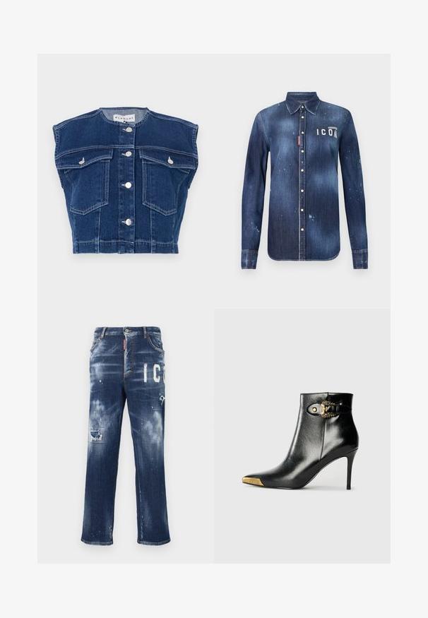 Chaleco de mezclilla azul marino con cuello redondo, diseño sin mangas, cuatro bolsillos delanteros y botones plateados en la parte delantera.; Camisa de denim en azul oscuro, con un diseño de botones, desgarros preservados, acentos desgastados y texto blanco "ICON" en el pecho.; Vaqueros de mezclilla azul oscuro con parches desgastados, manchas de pintura claras y letras blancas en negrita. Diseño de pierna recta con un ajuste clásico.; Botín negro hasta el tobillo fabricado en cuero brillante, con punta puntiaguda, tacón de aguja y detalles dorados con una hebilla decorativa.