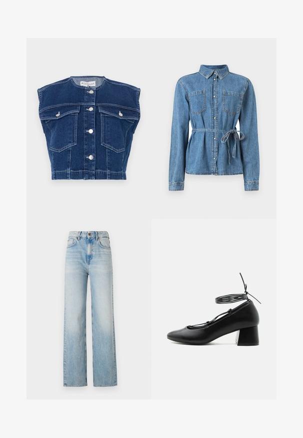 Mørkeblå denimvest med rund udskæring, ærmeløst design, fire frontlommer og sølvknapper foran.; Lysblå denimskjorte med lange ærmer, knaplukning foran, to brystlommer og en bæltestrop i taljen for justerbar pasform.; Lyseblå, vide jeans lavet af denim, med høj talje, subtilt slid og traditionelt femlomme-design med kontrasterende syninger.; Sort læder sko med mellemhøj hæl, spids tå, krydsede stropper og snøre omkring anklen på hvid baggrund.