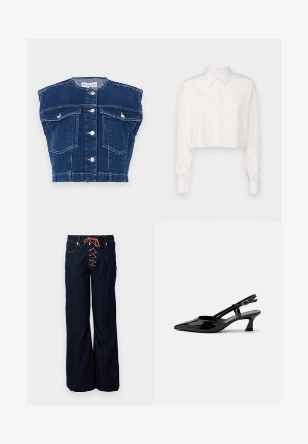 Mørkeblå denimvest med rund udskæring, ærmeløst design, fire frontlommer og sølvknapper foran.; Beskaaret hvid skjorte med lange ærmer, knaplukning ved kraven og små prikker. Lavet af glat stof med en afslappet pasform.; Mørkeblå denimbukser med høj talje og bred ben, der har en dekorativ snørefront, orange snører og kontrasterende syninger.; Sort laklæderslingback med lille hæl, spids tå og justerbar guldlåsrem på hvid baggrund.