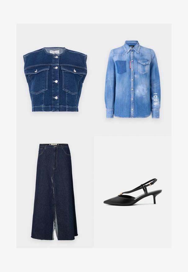 Chaleco de mezclilla azul marino con cuello redondo, diseño sin mangas, cuatro bolsillos delanteros y botones plateados en la parte delantera.; Camisa de denim en azul claro con un acabado desgastado. Presenta un bolsillo de parche, cuello con botones y texto blanco "ICONO" en la manga.; Falda larga de mezclilla azul oscura con una abertura frontal. Presenta un diseño tradicional de cinco bolsillos y costuras visibles. El dobladillo está deshilachado.; Zapato slingback de cuero negro con tacón kitten, puntera puntiaguda, tira en T delgada, hebilla ajustable y pequeño adorno dorado en la tira.