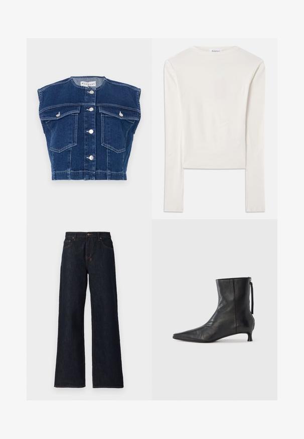 Donkerblauw denimvest met een ronde halslijn, mouwloos ontwerp, vier voorkruiszakken en zilveren knopen aan de voorkant.; Witte lange mouw top van katoen, met een eenvoudige ronde hals en een slim fit. De stof is glad met een lichte stretch.; Donkerblauwe wijde jeans gemaakt van denim, met oranje stiksels, twee voorzakken en een knoopsluiting bij de tailleband.; Zwarte leren enkellaars met een puntige neus, gestructureerde vorm en een lage hak. Voorzien van een zijrits en een minimalistisch ontwerp.