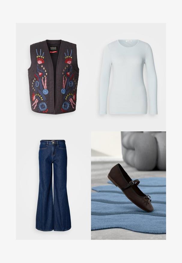 Gilet matelassé noir ornés de motifs floraux brodés colorés en rouge, bleu, rose et jaune. Aucune boutonnière ni fermeture visible.; T-shirt à manches longues bleu clair en tissu côtelé. Présente un col rond et une coupe ajustée. Texture lisse sans motifs ni embellissements visibles.; Jean en denim foncé à jambe large avec une taille haute, cinq poches et fermeture à bouton en métal. Texture lisse et détails de couture subtils.; Chaussure plate Mary Jane marron foncé avec boucle et détail nœud reposant sur un tapis texturé bleu ondulé, et un canapé gris rembourré en arrière-plan.