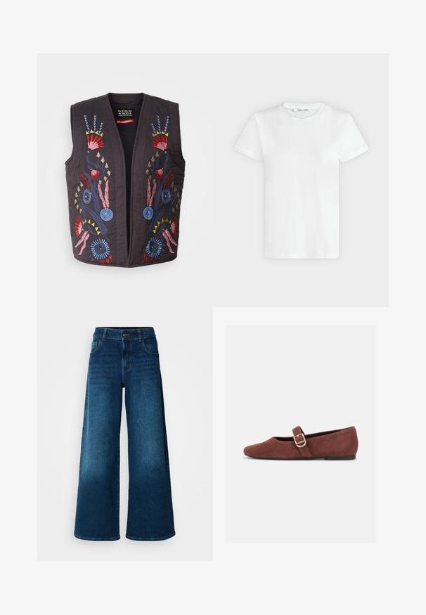Gilet matelassé noir ornés de motifs floraux brodés colorés en rouge, bleu, rose et jaune. Aucune boutonnière ni fermeture visible.; T-shirt blanc uni à manches courtes et col rond, posé à plat sur un fond gris clair, montrant le devant avec l'étiquette à l'intérieur du col.; Jean large en denim bleu foncé. Doté d'une taille haute, d'une fermeture à bouton et d'un design classique à cinq poches avec une légère décoloration.; Chaussure plate Mary Jane en suède marron avec une bride à boucle dorée et une semelle noire sur fond blanc.