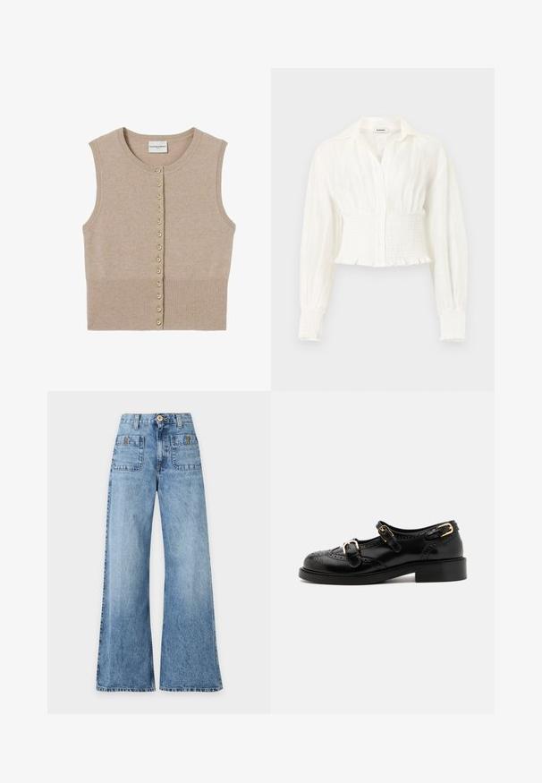 Cárdigan de punto sin mangas en color beige con cuello redondo, que presenta cierres de botones en tono dorado en la parte frontal y una textura de ribete en el dobladillo.; Blusa blanca de manga larga con cintura y puños fruncidos, cierre de botones en la parte delantera y cuello puntiagudo sobre un fondo liso.; Vaqueros de mezclilla azul de tiro alto y pierna ancha con bolsillos delanteros de parche y trabillas para cinturón, cierre con botón y cremallera.; Zapatos de cuero negro con detalles de brogue, que presentan dos correas con hebillas, una puntera redondeada y un tacón bajo. Textura suave con un acabado brillante.