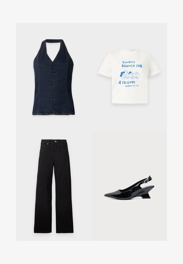 Σκούρο μπλε denim αμάνικο τοπ halter με κουμπιά μπροστά και εμφανείς ραφές αντίθεσης σε ανοιχτό φόντο.; Λευκό κοντομάνικο μπλουζάκι με μπλε εικόνα τριών ανθρώπων που μοιράζονται brunch και κείμενο «Sunday Brunch Club & Friends Κυριακή 9 π.μ. - 3 μ.μ.».; Μαύρο τζιν παντελόνι με φαρδιά μπάκα, ψηλή μέση, με κουμπί και φερμουάρ μπροστά, θηλιές ζώνης και σχεδιασμό με πέντε τσέπες σε απλό φόντο.; Μαύρο παπούτσι slingback από πατενταρισμένο δέρμα με μυτερή μύτη και χαμηλό κεκλιμένο τακούνι τύπου block σε απλό φωτεινό φόντο.