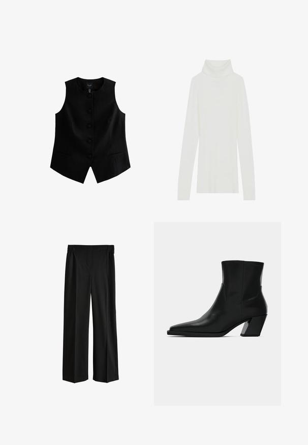 Zwarte mouwloze vest gemaakt van textuurstof, met een rechte snit, ronde halslijn en zes knopen aan de voorkant. Inclusief twee zijzakken.; Witte geribde turtleneck trui met lange mouwen, zachte textuur en een hoge rolkraag, met een aansluitend ontwerp en geen zichtbare sluitingen.; Zwarte broek met wijde pijpen, voorzien van een elastische tailleband, glad textiel en zonder zichtbare patronen of accenten, ontworpen voor comfort en gebruiksgemak.; Zwarte leren enkelboot met een spitse neus, een slanke silhoeet en een chunky vierkante hak. Gladde textuur met minimale stikdetails.