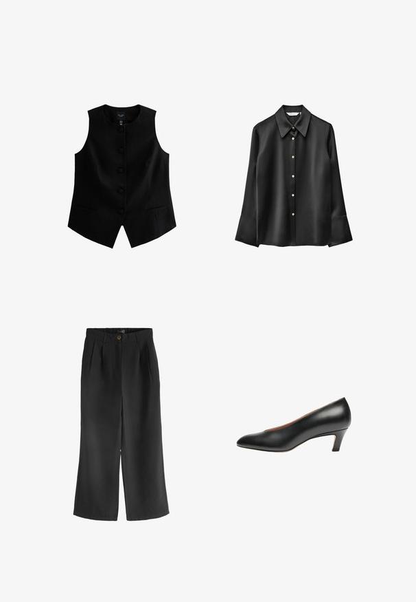 Zwarte mouwloze vest gemaakt van textuurstof, met een rechte snit, ronde halslijn en zes knopen aan de voorkant. Inclusief twee zijzakken.; Zwarte satijnen blouse met lange mouwen, een puntige kraag, een knoopsluiting aan de voorkant en uitlopende manchetten. Heeft een subtiele glans en ronde knoppen.; Zwarte wijde broek van soepel materiaal, met een sluiting met voorknop en plooidetails voor een ontspannen, op maat gemaakte look.; Zwarte leren pump met een spitse neus en een hak van gemiddelde hoogte. Gladde textuur met een minimalistisch ontwerp en geen zichtbare versieringen.