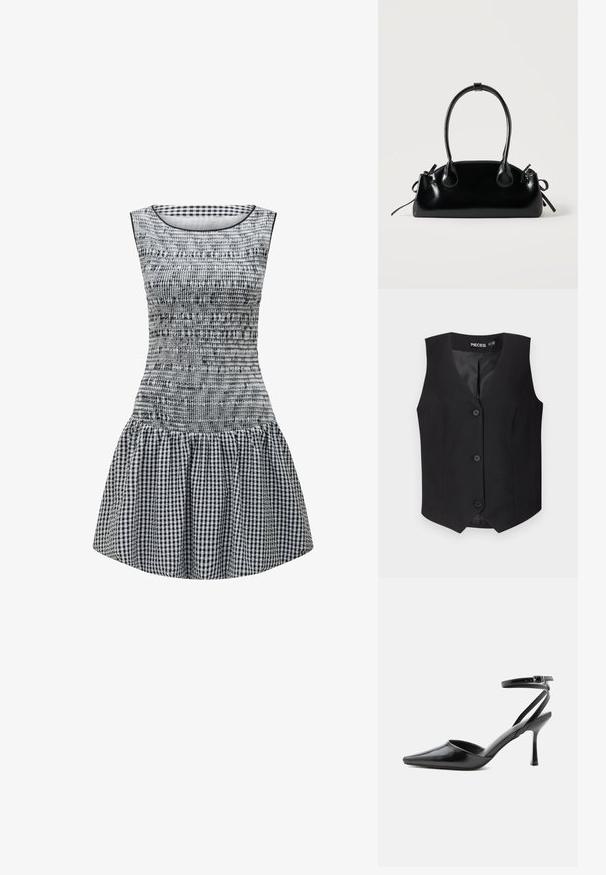 Chaleco negro con escote en V, diseño sin mangas y cinco cierres de botón. Fabricado con tejido texturizado y forro interior suave.; Vestido a cuadros en blanco y negro con un cuerpo ajustado, textura fruncida y una falda acampanada. Cuello redondo sencillo y diseño sin mangas.; Zapato de tacón alto negro de punta fina con delgadas correas en el tobillo y cierre de hebilla plateada sobre un fondo liso claro.; Pequeño bolso negro brillante con dos asas largas y detalles de cordón lateral sobre un fondo claro liso.