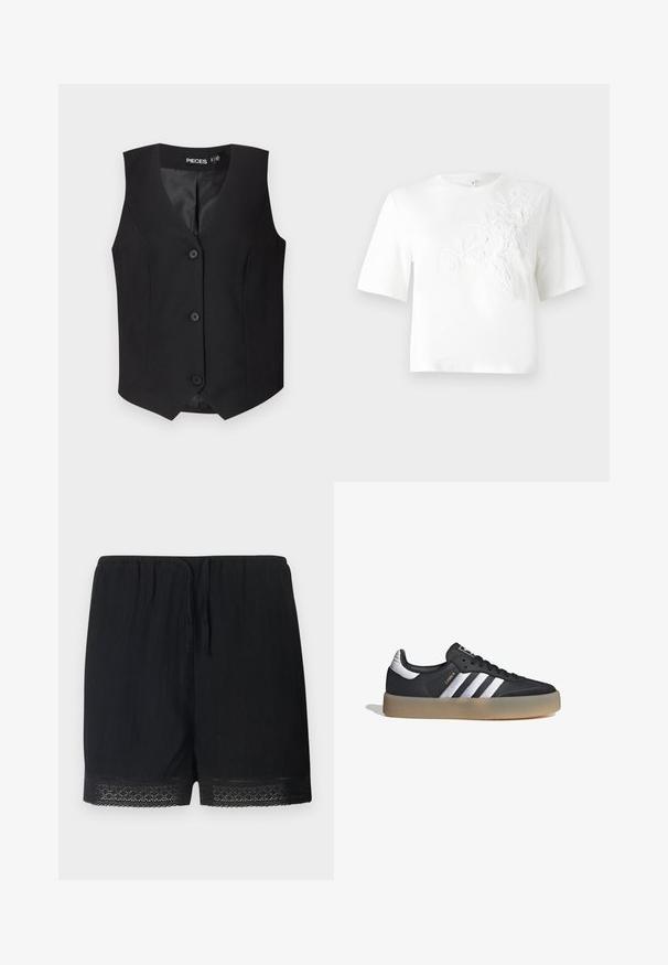 Chaleco negro con escote en V, diseño sin mangas y cinco cierres de botón. Fabricado con tejido texturizado y forro interior suave.; Camiseta de algodón blanca con mangas cortas, con bordado floral texturizado en el lado izquierdo. Cuello redondo, corte relajado.; Pantalones cortos negros de tela texturizada con cintura elástica y lazo, que cuentan con un delicado borde de encaje en el dobladillo.; Zapatilla deportiva de cuero negro con tres rayas plateadas, punta texturizada y suela de goma. Cuenta con un collar acolchado y un diseño con cordones.