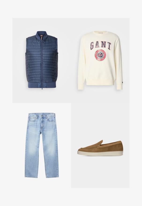 Marineblauer, gesteppter, isolierter Weste mit Reißverschluss, geripptem Kragen und Seitentaschen; leicht und mit glatter Textur.; Cremefarbener Sweatshirt mit langen Ärmeln, rundem Halsausschnitt und einem abgenutzten GANT-Logo-Graphic in Rot und Blau. Weiche Stoffstruktur.; Hellblaue Jeans mit geradem Bein, vorderen Taschen, Gürtelschlaufen, Knopfverschluss und einem kleinen Calvin Klein-Label an der rechten vorderen Tasche.; Hellbrauner Wildleder-Slipper mit weißer Gummisohle, minimalen Nähten und flachem Design vor einfachem hellem Hintergrund.