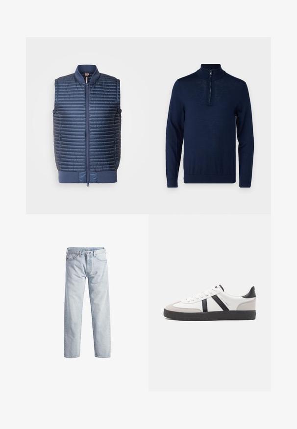 Navyblauwe gewatteerde geïsoleerde vest met een ritssluiting aan de voorkant, geribbelde kraag en zijzakken; lichtgewicht en zachte textuur.; Marineblauwe, langarm pullover met een kwart-rits kraag. Zachte textuur, aansluitend ontwerp, minimale naaddetailing en geen zichtbare logo's.; Lichtblauwe denim jeans met een rechtstaand ontwerp, knopenfly, vijf zakken en een subtiele vervaagde textuur. Voorzien van metalen hardware accenten.; Witte sneaker met zwarte en grijze accenten, voorzien van een grijze neus met textuur, zwarte rubberen zool en platte witte veters. Schoon ontwerp, minimalistische stijl.