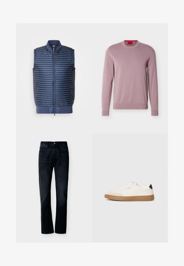 Navyblauwe gewatteerde geïsoleerde vest met een ritssluiting aan de voorkant, geribbelde kraag en zijzakken; lichtgewicht en zachte textuur.; Lavendelkleurige trui met lange mouwen en ronde hals, voorzien van geribbelde manchetten en zoom, met een reliëf "HUGO" logo op de borst en een rood merklipje aan de binnenkant van de kraag.; Donker indigo recht gesneden spijkerbroek met knoop- en ritssluiting aan de voorkant, riemlussen en een ontwerp met vijf zakken, weergegeven tegen een eenvoudige lichte achtergrond.; Witte sneakers met beige accenten, bovenwerk van glad leer, ronde neus en rubberen gumzool, met een zwarte hieltab en subtiele branding.