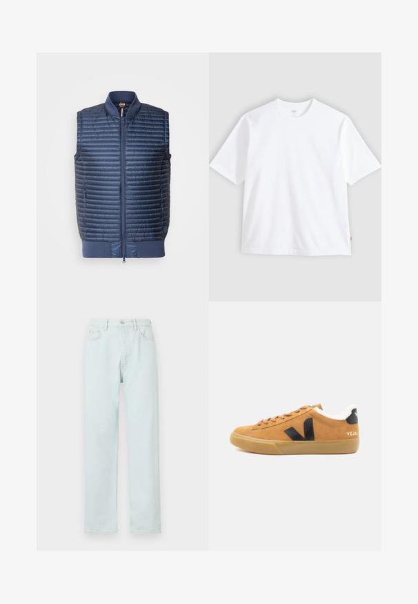 Marineblauer, gesteppter, isolierter Weste mit Reißverschluss, geripptem Kragen und Seitentaschen; leicht und mit glatter Textur.; Weißes kurzärmeliges T-Shirt aus Baumwolle mit Rundhalsausschnitt und geradem Schnitt. Etikett sichtbar am unteren Seiten Saum.; Helleblau geradlinige Jeans aus Denim mit Knopfverschluß, dezentem Used-Look und Fünf-Taschen-Design.; Hellbeige Wildledersneaker mit schwarzem V-Logo, strukturierten Schnürsenkeln und weißem Sherpa-Futter. Gummisohle und minimalistisches Design.