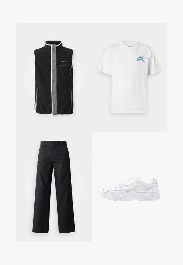Must must vest must hallide hallide eesudega, lukuga rinna tasku, kaks küljetaskut ja Columbia Sportswear logo rinnal.; Valge puuvillane T-särk, millel on vasakul rinnal helesinine Nike SB logo. Lühikesed varrukad ja klassikalise ümarnsärgiga kaelus.; Mustad laiad mustad puuvillased püksid. Omavad nööp sulgemist, vööaasasid ja küljetaskuid. Sile tekstuur ja kohandatud lõige.; Nike Sportswear P 6000 - Tossud - white/platinum tint