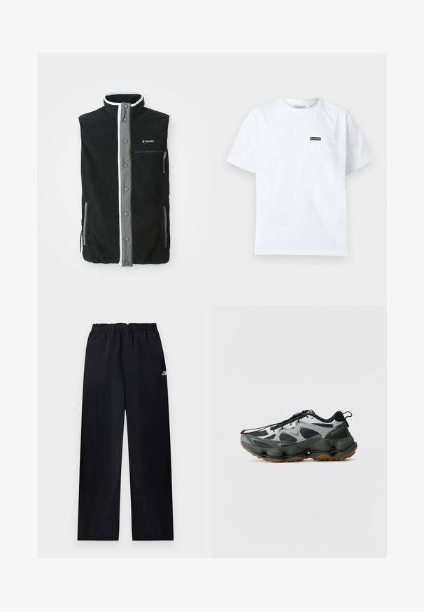 Must must vest must hallide hallide eesudega, lukuga rinna tasku, kaks küljetaskut ja Columbia Sportswear logo rinnal.; Valge lühikeste varrukatega T-särk ümmarguse kaelusega ja väikese rinnataskuga, millel on must Columbia logoga märk.; Mustad otsejaladega püksid musta elastse vöökohaga, väike valge logo ülemisel paremal reiel, esitatud lamedalt heledal taustal.; Mustavad ja hallid spordikingad, millel on restmaterjalist pealis, skulpteeritud tald ja kummist väljalõige. Omavad kindlat kinnitusüsteemi ja tõmbenuppu kandadel.