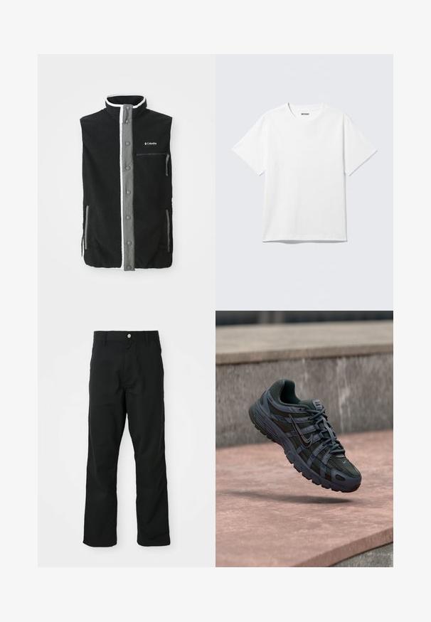 Must must vest must hallide hallide eesudega, lukuga rinna tasku, kaks küljetaskut ja Columbia Sportswear logo rinnal.; Valge lühikeste varrukatega ümarakaelusega T-särk, laotatud sirgelt, ühevärviline disain, krae siseküljel "WEEKDAY" silt heledal taustal.; Mustad sirgedega püksid, millel on nupuga ja tõmbluku sulgemine, vöökohad ja küljetaskud, esitatud valge tausta ees.; Tumehall Nike jooksujalats võrgust ja sünteetilisest materjalist disainiga, hõljumas roosaka betoonpinna kohal halli kivitausta taustal.