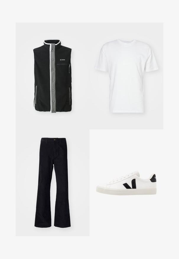 Must must vest must hallide hallide eesudega, lukuga rinna tasku, kaks küljetaskut ja Columbia Sportswear logo rinnal.; Valge puuvillane t-särk lühikeste varrukatega, ümmarguse kaelusega ja siledat tekstuuri. Lihtne disain, ilma mustrite ja graafikateta.; Mustad mustad flared püksid traditsioonilise vöökoha, ühe esiknappi ja taskutega külgedel ja taga. Sile tekstuur.; Valge nahast tennis, millel on mustast sametist detailid; omab kummist tallato, ümmargust nina ja klassikalist nööpidega kinnihoidmist. Külgmine logo musta värviga.