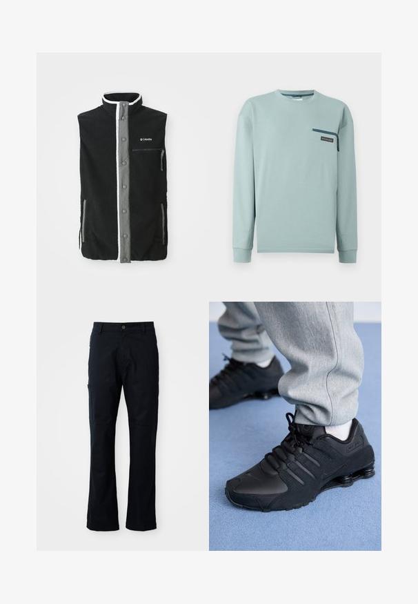 Must must vest must hallide hallide eesudega, lukuga rinna tasku, kaks küljetaskut ja Columbia Sportswear logo rinnal.; Hele sinine pikkade varrukatega särk ümara kaelusega ja väike lukuga rinnatasku, millel on paremal pool Columbia logo.; Tumedanavi püksid, mis on valmistatud puuvilla segust, sirge lõikega, lukuga küljetasku ja diskreetne õmbluse detail.; Isik mustade Nike Shox tossudega ja hallides dressipükstes seisab helesinise vaiba peal.