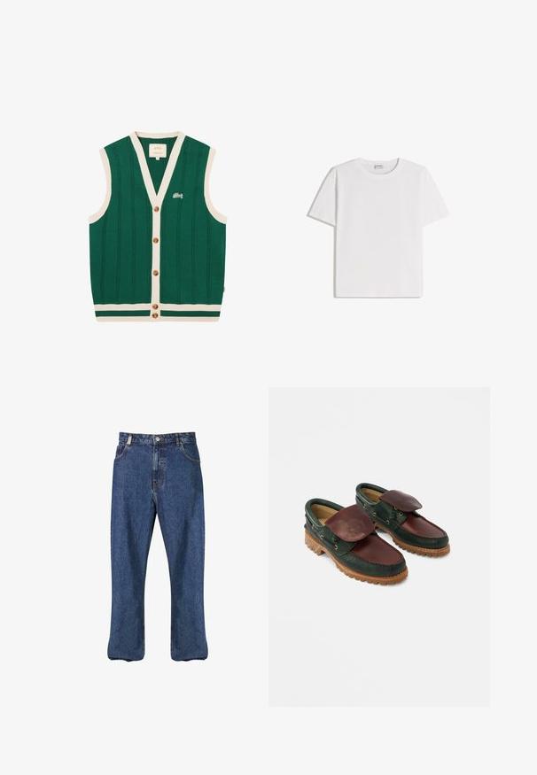 Cardigan sans manches vert tricoté avec bordure blanche, boutons marron, texture verticale et petit logo blanc brodé sur le côté gauche de la poitrine.; T-shirt en coton blanc avec un col rond et des manches courtes. Présente une coupe classique et carrée, sans motifs ni accents visibles.; Jean en denim bleu foncé, présentant une coupe droite, un style classique à cinq poches et des coutures visibles le long des coutures.; Chaussures en cuir avec un corps vert foncé, un dessus bordeaux, un bout rond, un rabat sécurisé et une semelle en caoutchouc texturée avec des rainures.