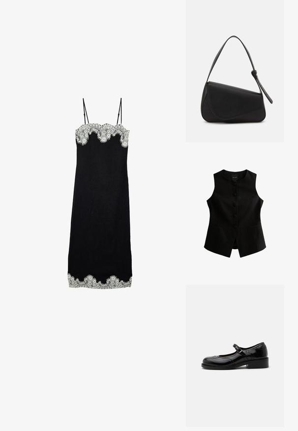 Chaleco sin mangas negro con corte recto, siete botones en la parte delantera y dos bolsillos laterales. Fabricado con tela texturizada.; Vestido negro tipo slip hasta la rodilla con ribete de encaje blanco en el escote y el dobladillo, con finas tiras de hombro ajustables.; Zapato Mary Jane de charol negro con tacón bajo de bloque y correa con hebilla plateada, mostrado en perfil lateral sobre fondo blanco.; Bolso de mano de cuero negro con forma triangular, tapa en ángulo y un asa superior redondeada. Presenta una textura suave y detalles de diseño minimalistas.