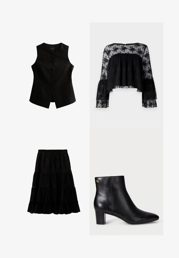 Chaleco sin mangas negro con corte recto, siete botones en la parte delantera y dos bolsillos laterales. Fabricado con tela texturizada.; Blusa negra con mangas largas acampanadas, que presenta un cuerpo texturizado con relieve y un delicado encaje floral transparente. Escote redondeado y cierre con botones en la parte posterior.; Falda negra hasta la rodilla con cintura elástica, diseño de volantes en capas y delicados detalles de encaje en cada capa.; Bota de cuero negra hasta el tobillo con punta afilada y tacón cuadrado. Presenta un detalle de logo dorado en la parte posterior. Textura suave con un diseño elegante.
