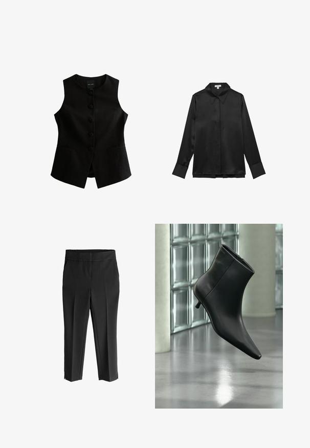 Chaleco sin mangas negro con corte recto, siete botones en la parte delantera y dos bolsillos laterales. Fabricado con tela texturizada.; Camisa negra de satén de manga larga con cuello puntiagudo, botón frontal y puños anchos. Textura suave y diseño elegante.; Pantalones negros elásticos con una cinturilla ancha de goma. Tienen un corte recto y aberturas laterales en los tobillos para mayor facilidad de movimiento.; Botín negro de cuero con punta puntiaguda y tacón bajo estilo kitten, mostrado en ángulo sobre un suelo pulido y con una pared de bloques de vidrio de fondo.