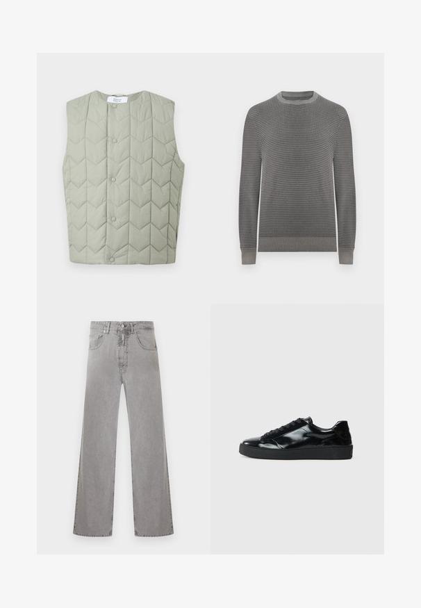 Veste matelassée sans manches vert clair avec boutons-pression et motif de piqûres géométriques en chevron, étiquette visible à l'intérieur du col.; Pull gris à col rond en maille avec un motif texturé, manches longues, poignets et ourlet côtelés.; Jean denim gris à taille haute, jambes droites, avec poches avant et arrière, passants pour ceinture et fermeture à bouton.; Baskets en cuir verni noir avec un bout arrondi, un laçage, une semelle en caoutchouc texturé et une finition lisse.