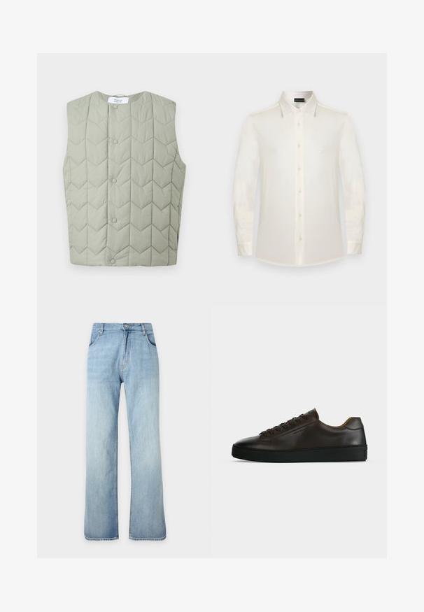 Veste matelassée sans manches vert clair avec boutons-pression et motif de piqûres géométriques en chevron, étiquette visible à l'intérieur du col.; Chemise blanche à manches longues avec boutons, col classique et petit logo sur la poitrine gauche.; Jean denim bleu clair à coupe droite avec fermeture avant à boutons et zip, poches avant et passants de ceinture, présenté sur un fond uni.; Baskets basses en cuir marron foncé avec semelle en caoutchouc noire, lacets à l'avant et design minimaliste épuré sur fond clair.