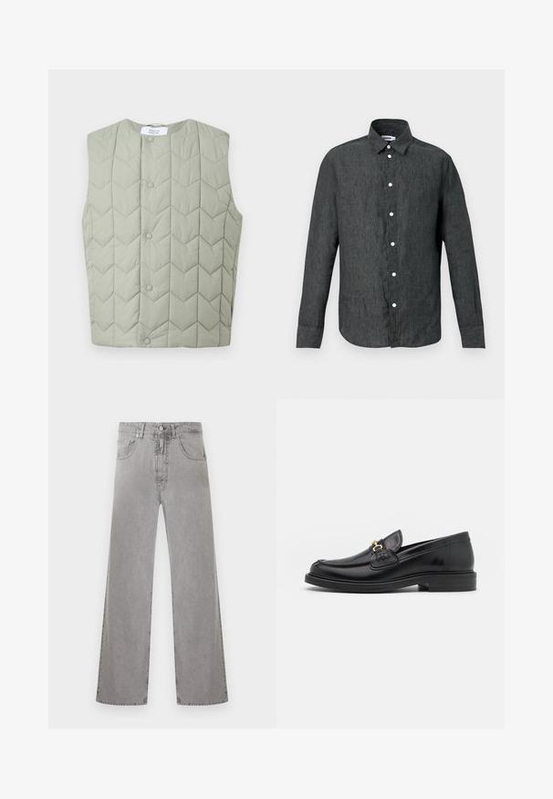 Veste matelassée sans manches vert clair avec boutons-pression et motif de piqûres géométriques en chevron, étiquette visible à l'intérieur du col.; Chemise boutonnée à manches longues gris foncé avec col pointu et boutons blancs, présentée sur un fond gris clair.; Jean denim gris à taille haute, jambes droites, avec poches avant et arrière, passants pour ceinture et fermeture à bouton.; Mocassins en cuir noir avec un embout rond, présentant des accents en métal doré et des détails de couture, montés sur une semelle en caoutchouc texturé et basse.