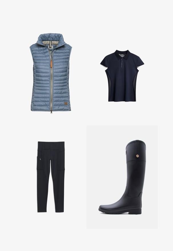 Lichtblauw gewatteerd vest met hoge kraag, volledige rits aan de voorkant en een leren accent. Heeft een horizontaal gestikt ontwerp en een contrasterende voering aan de binnenkant.; Marineblauwe poloshirt met een kraag, korte capmouwen en mesh zijpanelen; heeft een knoopsluiting en contrasterende afwerkingen.; Aigle DRY FAST - Legging - black; Hoge zwarte rubberen regenlaars met een gestructureerde zool en een klein rond metalen embleem vlak bij de bovenkant, op een effen lichtgrijze achtergrond.
