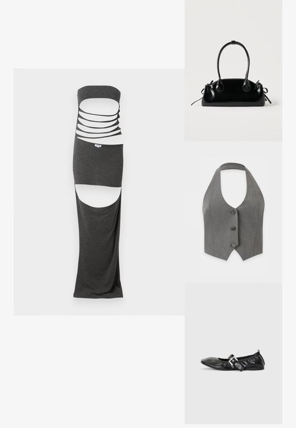 Gilet gris sans manches à col halter avec trois boutons noirs sur le devant et un ourlet pointu sur fond blanc.; Robe maxi découpée en tissu gris foncé, dotée d'un design sans bretelles avec plusieurs découpes horizontales et fentes sur les côtés. Texture lisse.; Chaussure plate en cuir noir avec un nez pointu, des détails froncés autour de l'ouverture et un accent en boucle argentée sur la bride ajustable.; Petit sac à main noir brillant avec deux longues anses et des détails à cordon sur les côtés sur un fond clair uni.