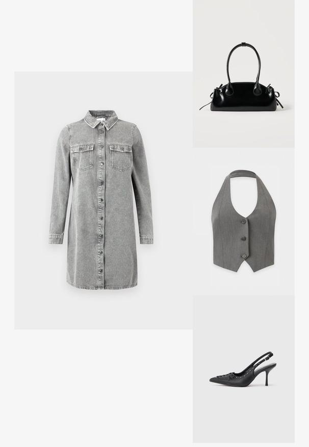 Gilet gris sans manches à col halter avec trois boutons noirs sur le devant et un ourlet pointu sur fond blanc.; Robe chemise en jean gris avec col, manches longues, fermeture à boutons sur le devant et deux poches poitrine. Présente une coupe décontractée et droite.; Escarpin en cuir noir à talon aiguille avec un bout pointu, une bride latérale à boucle, des clous le long du bord et un laçage décoratif à l'avant.; Petit sac à main noir brillant avec deux longues anses et des détails à cordon sur les côtés sur un fond clair uni.