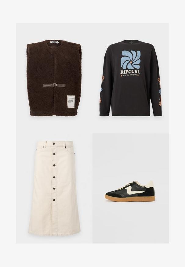 Brun fleecevest med rund hals, frontlukning med en brun læderrem og metalring samt en lille hvidetiket i bunden.; Sort langærmet skjorte med blåt abstrakt blomstermotiv, teksten "Rip Curl Surfing Company" på forsiden og matchende blomsterdesigne på ærmerne.; Beige knælængde denimnederdel med sorte knapper foran, bæltestropper og sidelommer mod en ensfarvet hvid baggrund.; Sorte ruskinds- og lædersneakers med en cremefarvet side-swoosh og lys cremefarvet hæl. Har beige snørebånd og en gummirubber-sål.