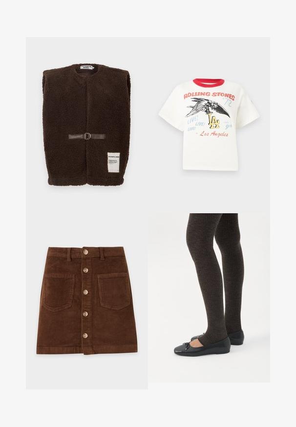 Brun fleecevest med rund hals, frontlukning med en brun læderrem og metalring samt en lille hvidetiket i bunden.; Hvid bomulds t-shirt med rød rund hals, der har et grafisk motiv af en fugl, teksten "Rolling Stones '72" og "LA" design elementer i forskellige farver.; Brun kordsnørreskørt med knaplukning foran, to forlommer og bærestropper til bælte.; Ben iført mørke ribbede leggings kombineret med sorte balletsko med små sløjfedetaljer på hvid baggrund.