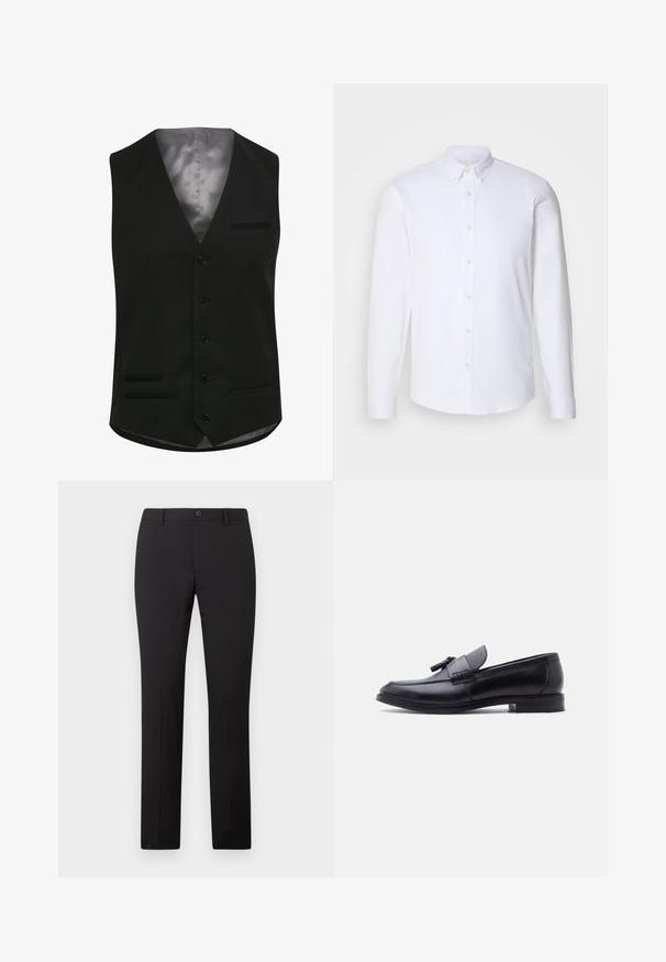 Zwarte vest met een gladde satijnen voering, voorzien van zes knopen, twee voorzakken en een V-halsontwerp. Tailored pasvorm met een klassieke fit.; Witte langharige overhemd met knopen gemaakt van een gladde stof, met een klassieke kraag, acht knopen aan de voorkant en standaard manchetten.; Zwarte, op maat gemaakte broek met een rechte pijp, voorzien van een knoopsluiting en riemlussen. Gemaakt van gladde stof zonder zichtbare patronen.; Zwarte leren loafer met textielpaneel in grijs met textuur en kwastdetail, lage hak en afgeronde neus, zijaanzicht op witte achtergrond.